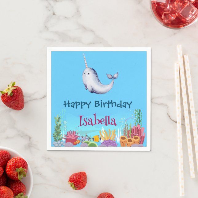 Cute Narwhal Fish Unicorn Whale sea Birthday  Napkin (Insitu)