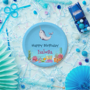 Cute Narwhal Fish Unicorn Whale sea Birthday  Paper Plate