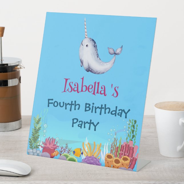 Cute Narwhal Fish Unicorn Whale sea Birthday  Pedestal Sign (In SItu)