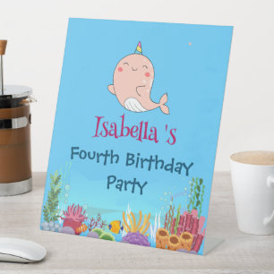 Cute Narwhal Fish Unicorn Whale sea Birthday  Pedestal Sign
