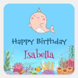 Cute Narwhal Fish Unicorn Whale sea Birthday  Square Sticker