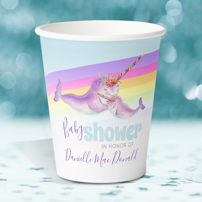 Cute narwhal mother and baby rainbow baby shower paper cups (Creator Uploaded)