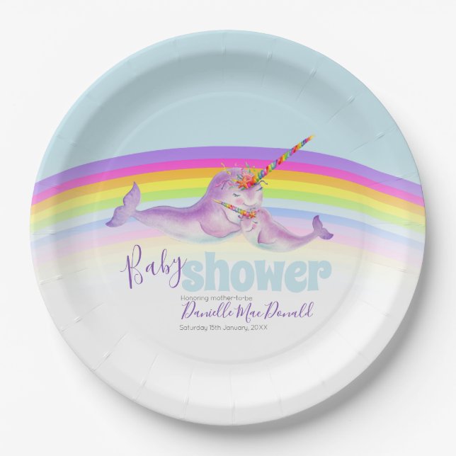 Cute narwhal mother and baby rainbow baby shower paper plate (Front)