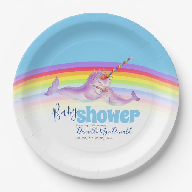 Cute narwhal mother baby blue rainbow baby shower paper plate (Front)