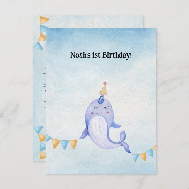 Cute Narwhal Ocean Theme Narwal Birthday Invite Postcard (Front/Back)