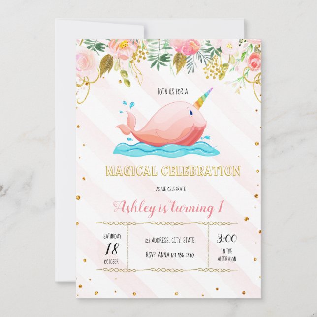Cute narwhal party invitation (Front)