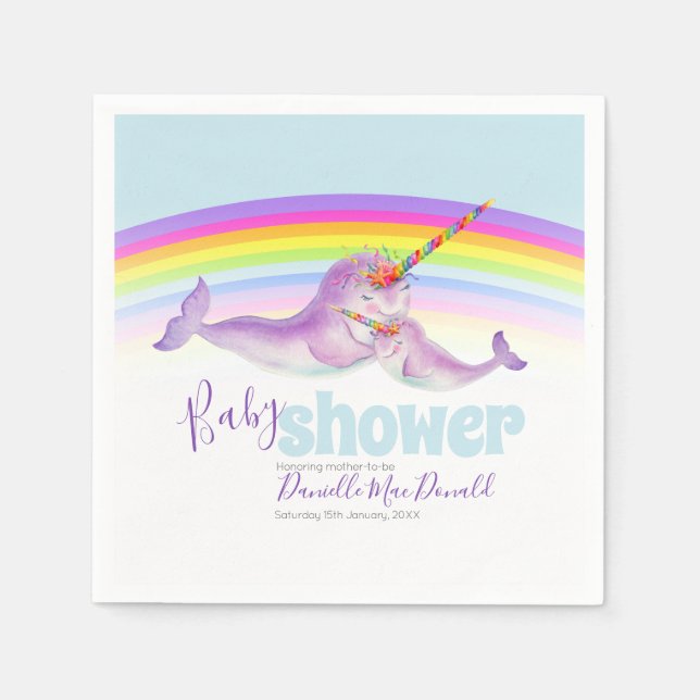 Cute narwhal rainbow baby shower napkin (Front)