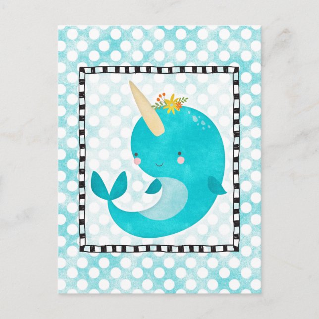 Cute Narwhal - Turquoise Aqua Whale Postcard (Front)