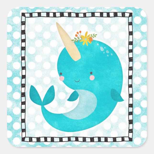 Cute Narwhal - Turquoise Aqua Whale Square Sticker (Front)