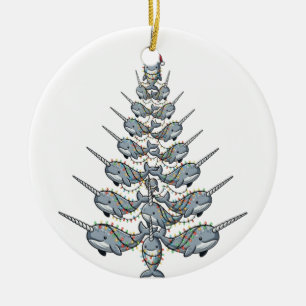 Cute Narwhal Wearing a Santa Hat with Festive Ceramic Tree Decoration