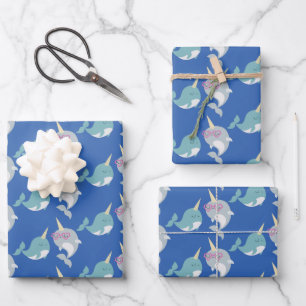 Cute Narwhal Whimsical Cartoon Pattern in Blue Wrapping Paper Sheet