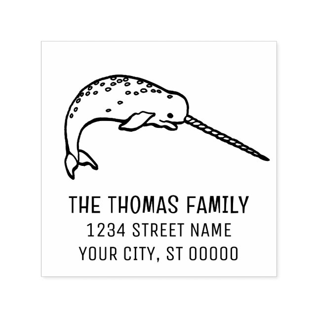 Cute Narwhal with Huge Horn Name Address Self-inking Stamp (Design)