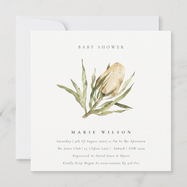 Cute Native Banksia Watercolor Floral Baby Shower Invitation (Front)