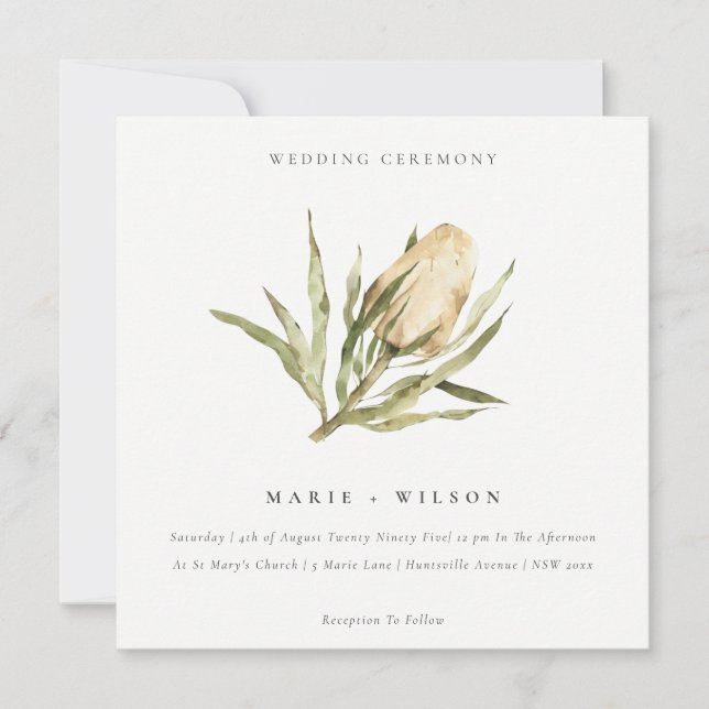 Cute Native Banksia Watercolor Floral Wedding Invitation (Front)
