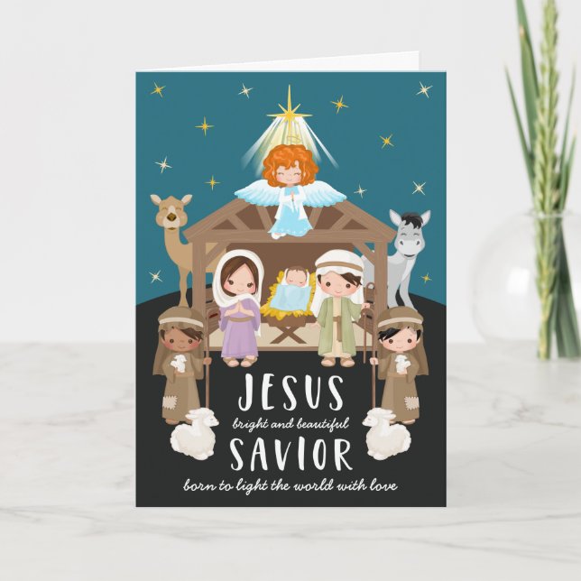 Cute Nativity Baby Jesus Christmas | Black Holiday Card (Front)