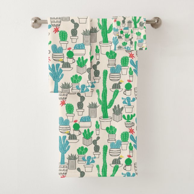 Cute Natural Floral Cacti Pattern Bath Towel Set (Insitu)