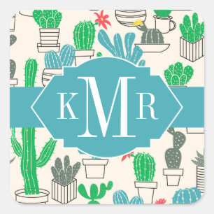 Cute Natural Floral Cacti Pattern Square Sticker