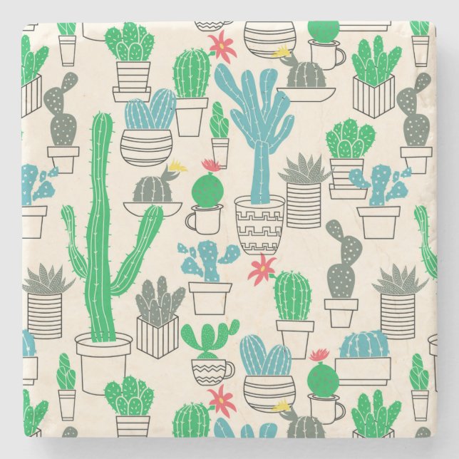 Cute Natural Floral Cacti Pattern Stone Coaster (Front)