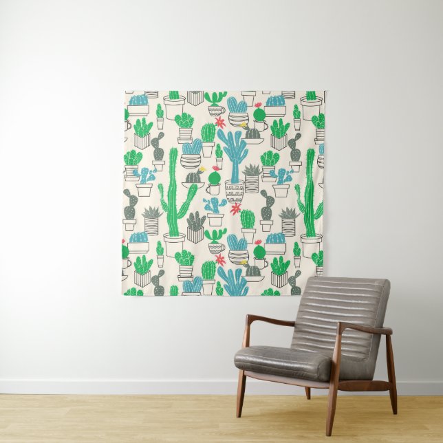 Cute Natural Floral Cacti Pattern Tapestry (In Situ (Horizontal))