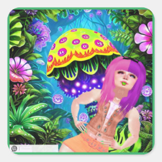 Cute Nature girl with mushrooms and flowers art  Square Sticker