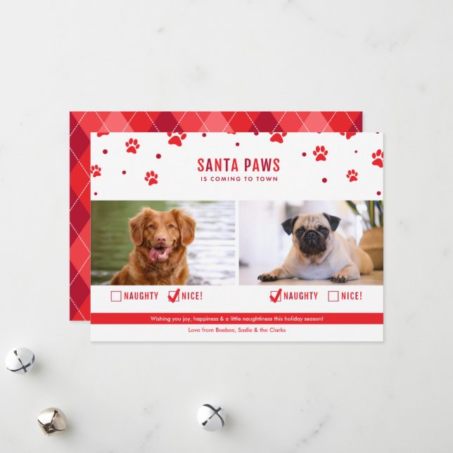 Cute Naughty or Nice Two Dog Christmas Photo Holiday Card (Front/Back In Situ)