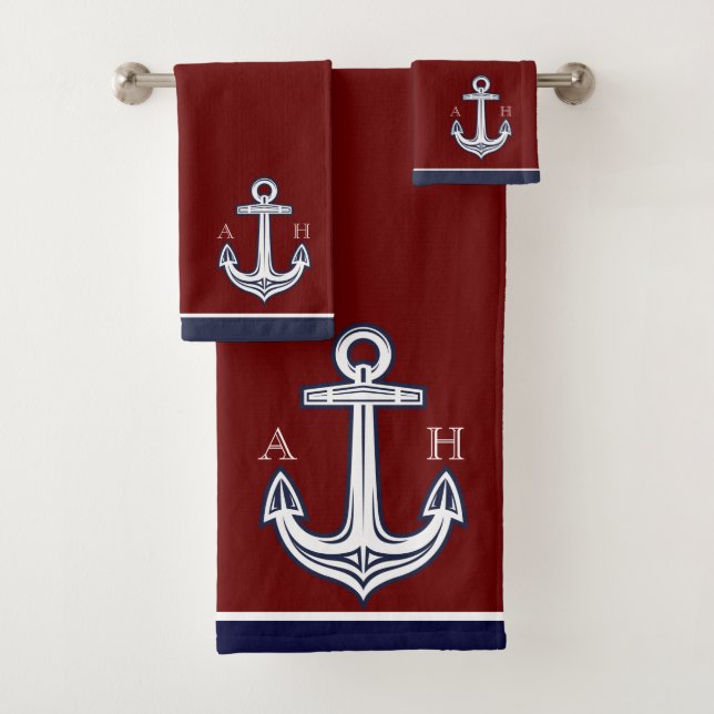 Cute Nautical Anchor Bathroom Maroon Navy Blue Bath Towel Set (Insitu)