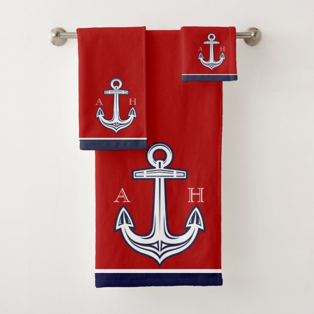 Cute Nautical Anchor Bathroom Red White Navy Blue  Bath Towel Set (Insitu)