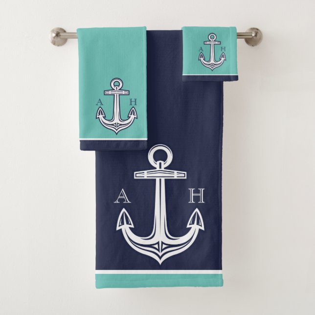 Cute Nautical Anchor BathroomTeal Navy Blue White Bath Towel Set (Insitu)