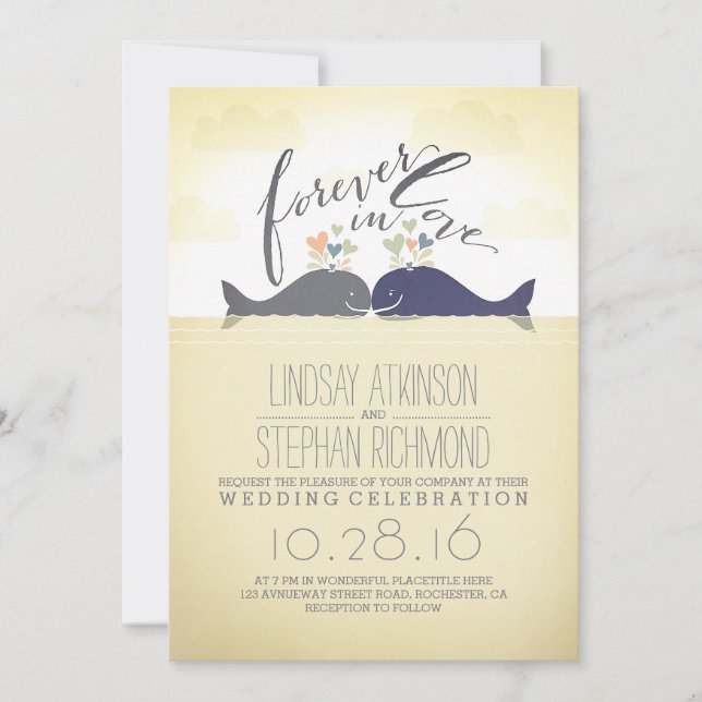 cute nautical beach wedding invitation with whales (Front)