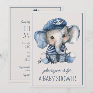 Cute Nautical Blue Baby Elephant Personalised Invitation