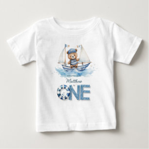 Cute Nautical Blue Boat Teddy Bear 1st Birthday Baby T-Shirt