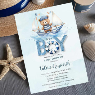 Cute Nautical Blue Boat Teddy Bear Boy Baby Shower Invitation