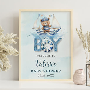 Cute Nautical Blue Boat Teddy Bear Boy Baby Shower Poster