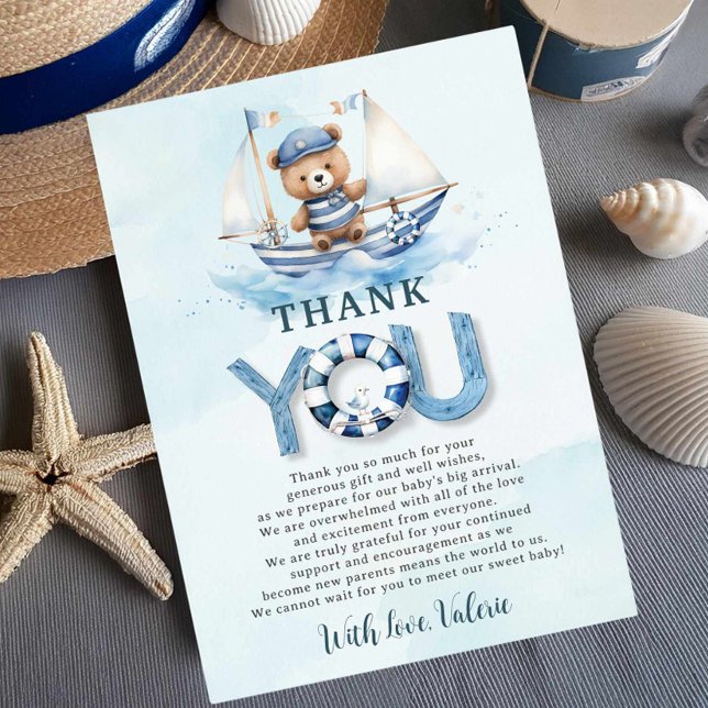 Cute Nautical Blue Boat Teddy Bear Boy Baby Shower Thank You Card (Creator Uploaded)