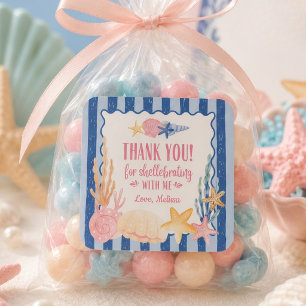 Cute Nautical Blue Pink Seashell Thank You  Square Sticker