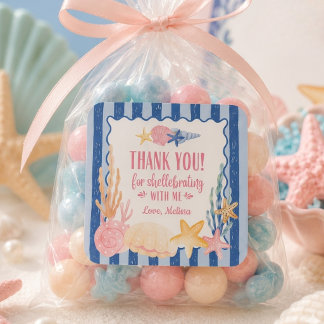 Cute Nautical Blue Pink Seashell Thank You Square Sticker