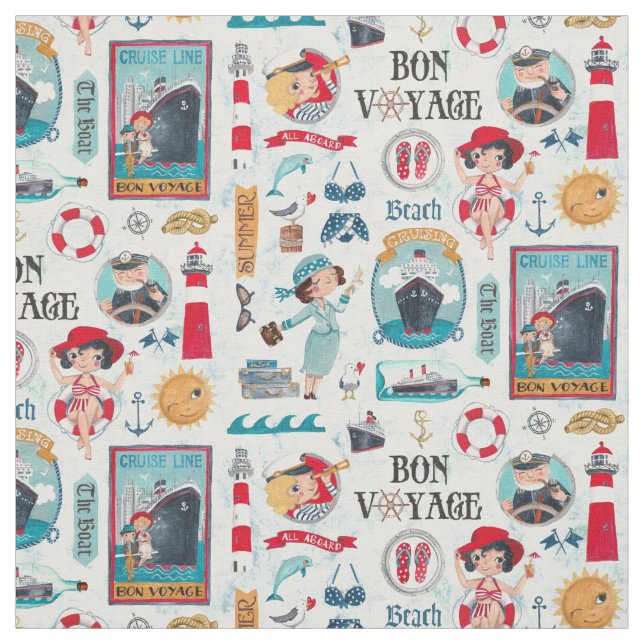 Cute Nautical Blue Red Summer Travel beach Cruise Fabric (Swatch)