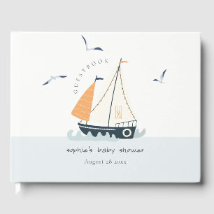 Cute Nautical Blue Sailboat Pastel Baby Shower Guest Book