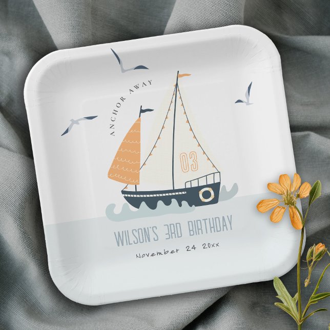 Cute Nautical Blue Sailboat Pastel Kids Birthday Paper Plate (Creator Uploaded)