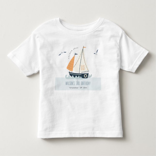 Cute Nautical Blue Sailboat Pastel Kids Birthday Toddler T-Shirt (Front)