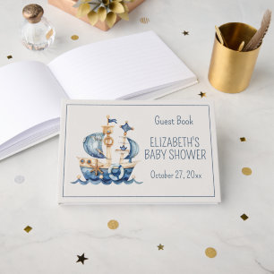 Cute Nautical Blue Sailing Ship Baby Shower Guest Book