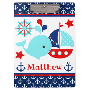 Cute Nautical Blue Whale and Anchors Pattern Clipboard