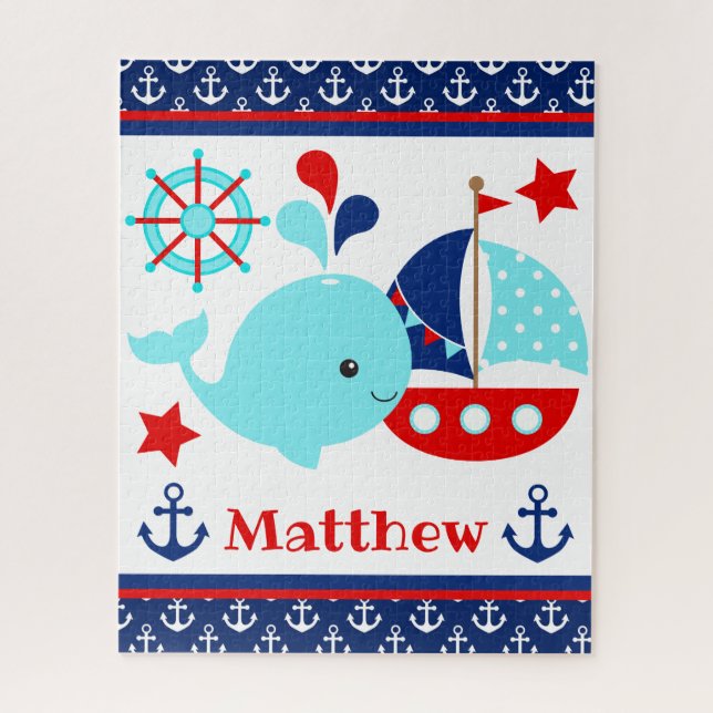 Cute Nautical Blue Whale and Anchors Pattern Jigsaw Puzzle (Vertical)