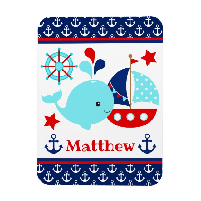 Cute Nautical Blue Whale and Anchors Pattern Magnet (Vertical)