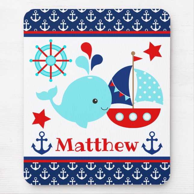 Cute Nautical Blue Whale and Anchors Pattern Mouse Pad (Front)