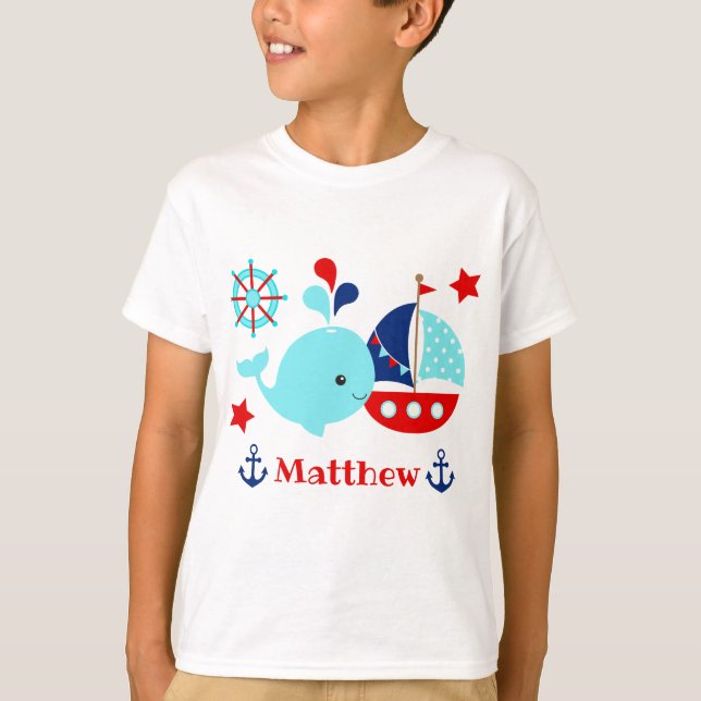 Cute Nautical Blue Whale and Anchors Pattern T-Shirt (Front)