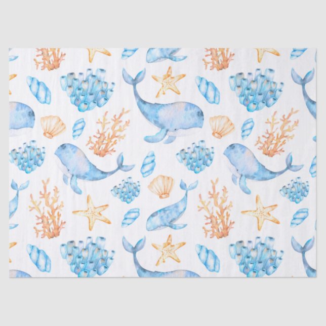 Cute Nautical Blue Whales Brown Ocean Life  Tissue Paper (Front)