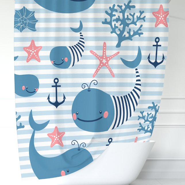 Cute Nautical Blue Whales & Coral Reef Shower Curtain (Creator Uploaded)