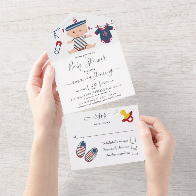 Cute Nautical Boy Baby Shower All In One Invitatio Invitation (Tearaway)