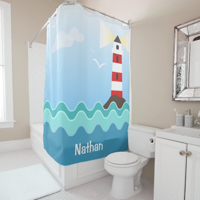 Cute Nautical Cartoon Lighthouse Ocean With Name Shower Curtain (In Situ)